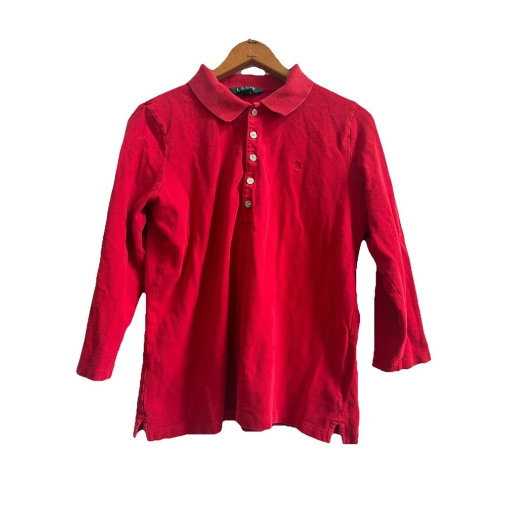 Ralph Lauren Women's Deco Red Polo Quarter Length Sleeves Gold Accents Sz Large